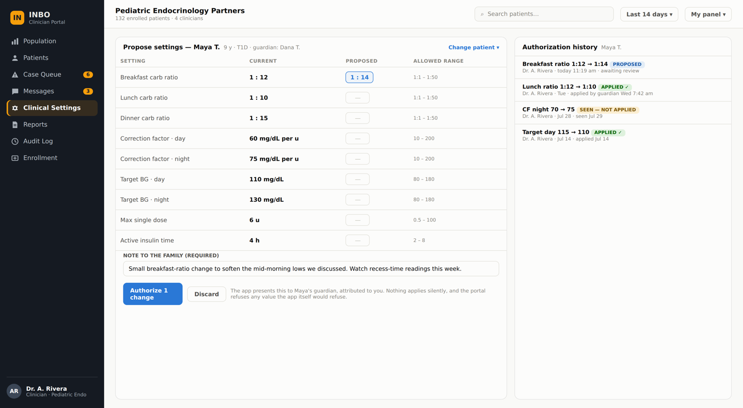 Portal clinical-settings concept: a clinician authoring an insulin-to-carbohydrate ratio with the authorization recorded. Synthetic data, in development.